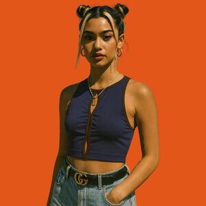 ✨ Out From Under Navy & Brown Trim Mesh Detail Cropped Tank (M/L)